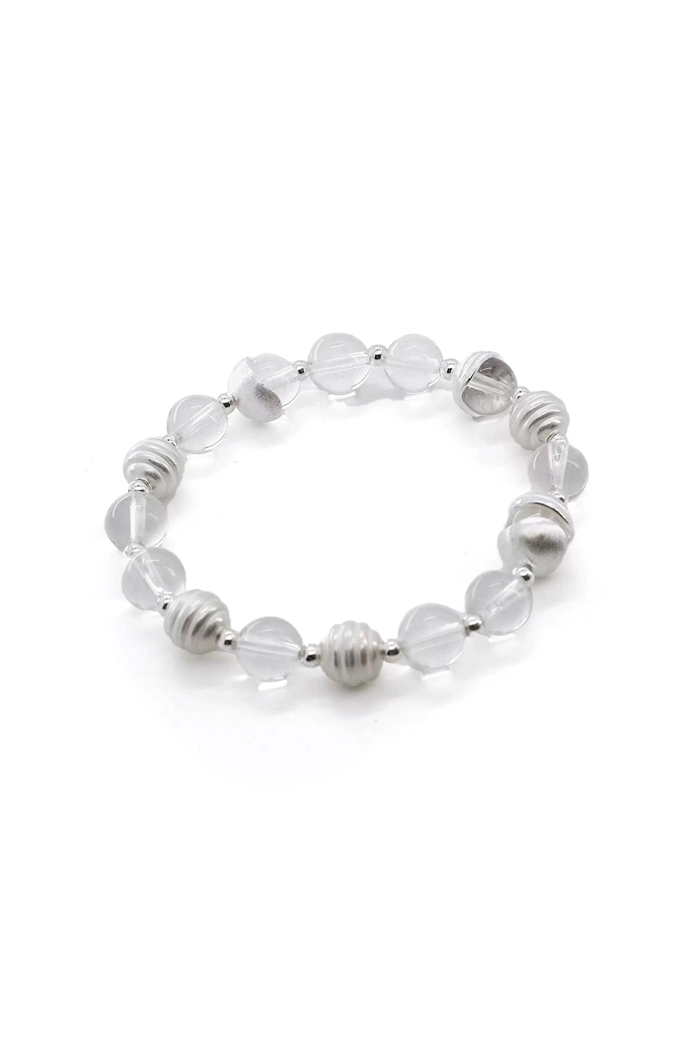 Clear-Silver Beaded Bracelet with Crushed Velvet Metal & Crystal Glow Diagonal Sunlight Play | Seysage