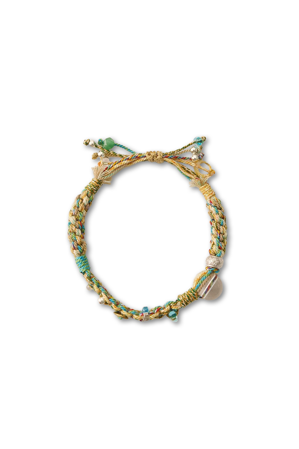 Cream-Turquoise Braided Thread Bracelet with Faceted Crystal Beads & Silver Pendants Horizontally Displayed | Seysage