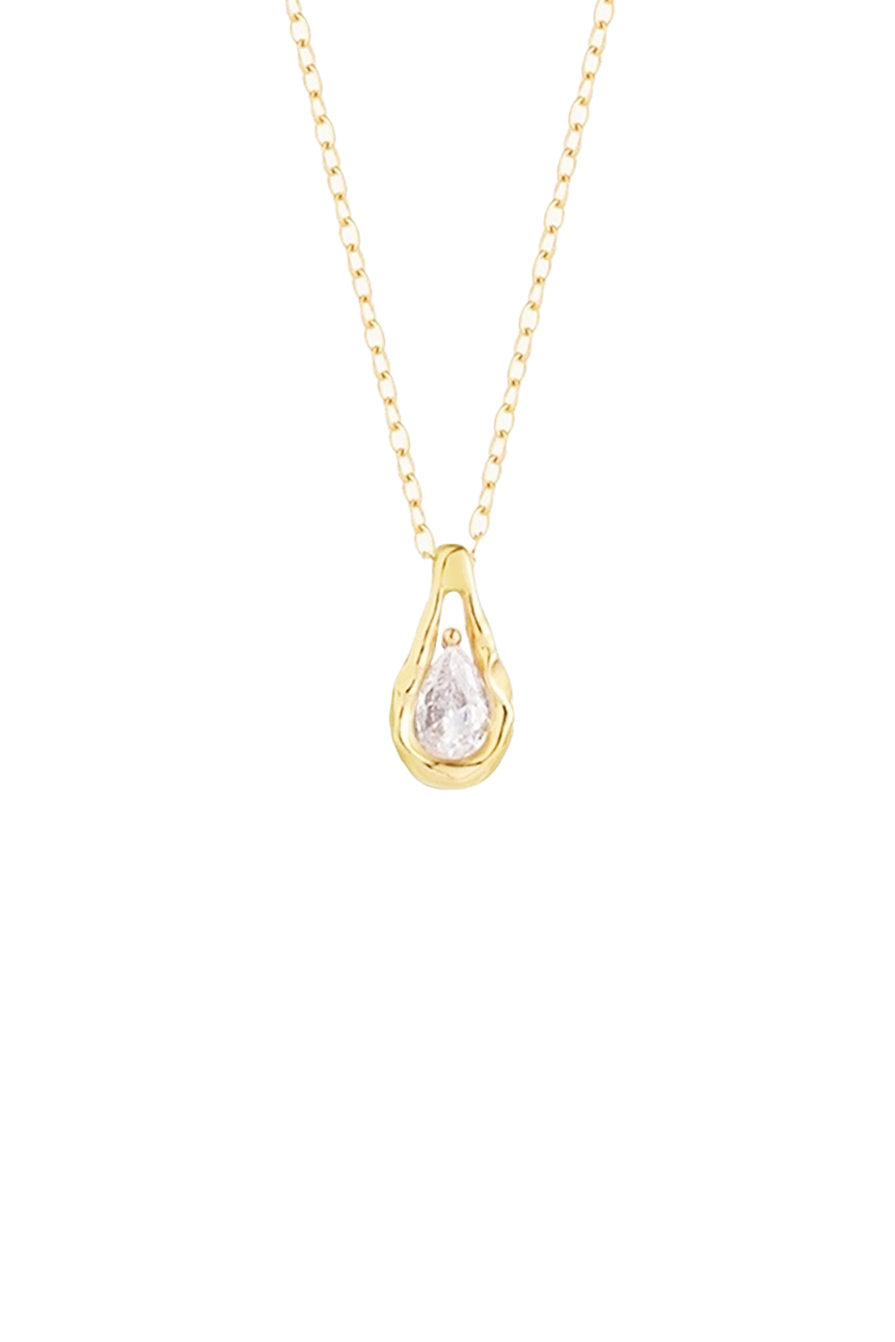 Gold Fluid-Lines Teardrop Necklace Shimmering on White | Seysage