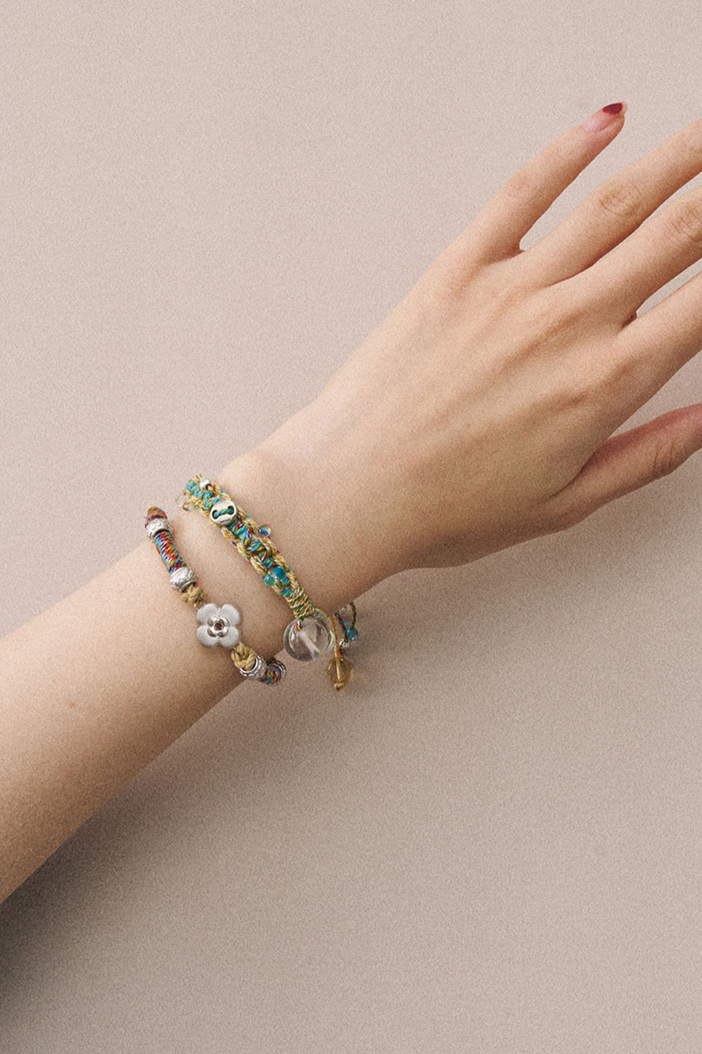 Layered Bohemian Braids with Floral Charm & Azure-Gold Pendant Stacked on Tonal Wrist | Seysage