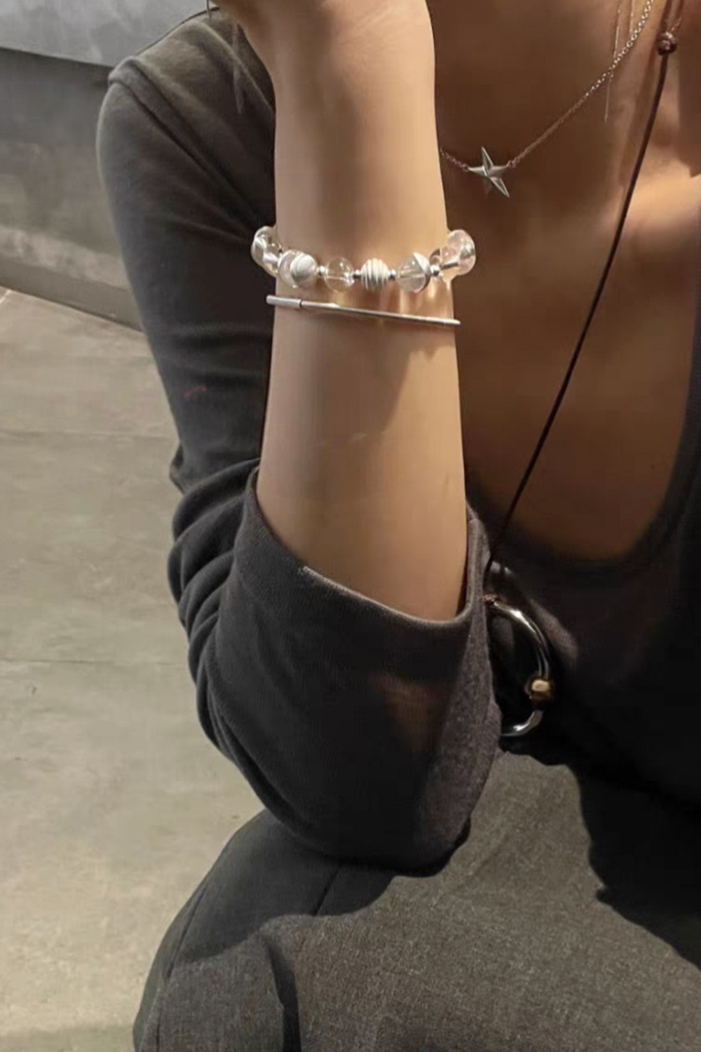 Layered Frost Crystal & Matte Cuff Bracelets Draping Steel-Grey Sleeve Stack | Seysage