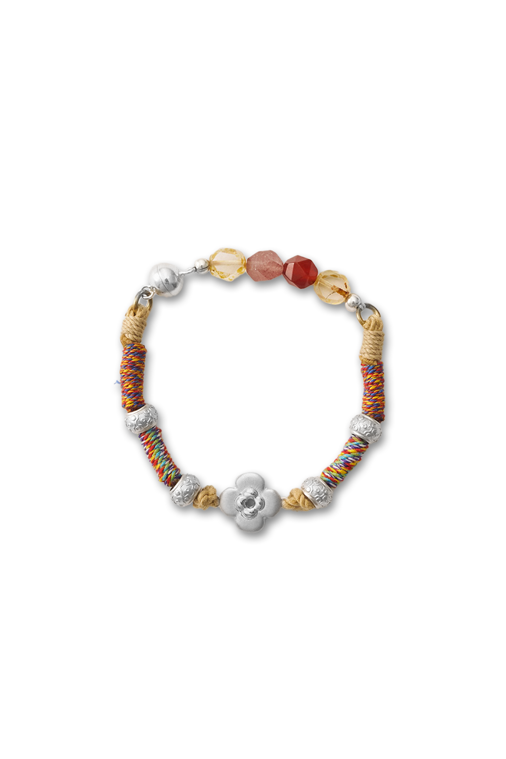 Multicolored Braided Thread Bracelet with Silver Filigree & Gem Beads Suspended Centered | Seysage