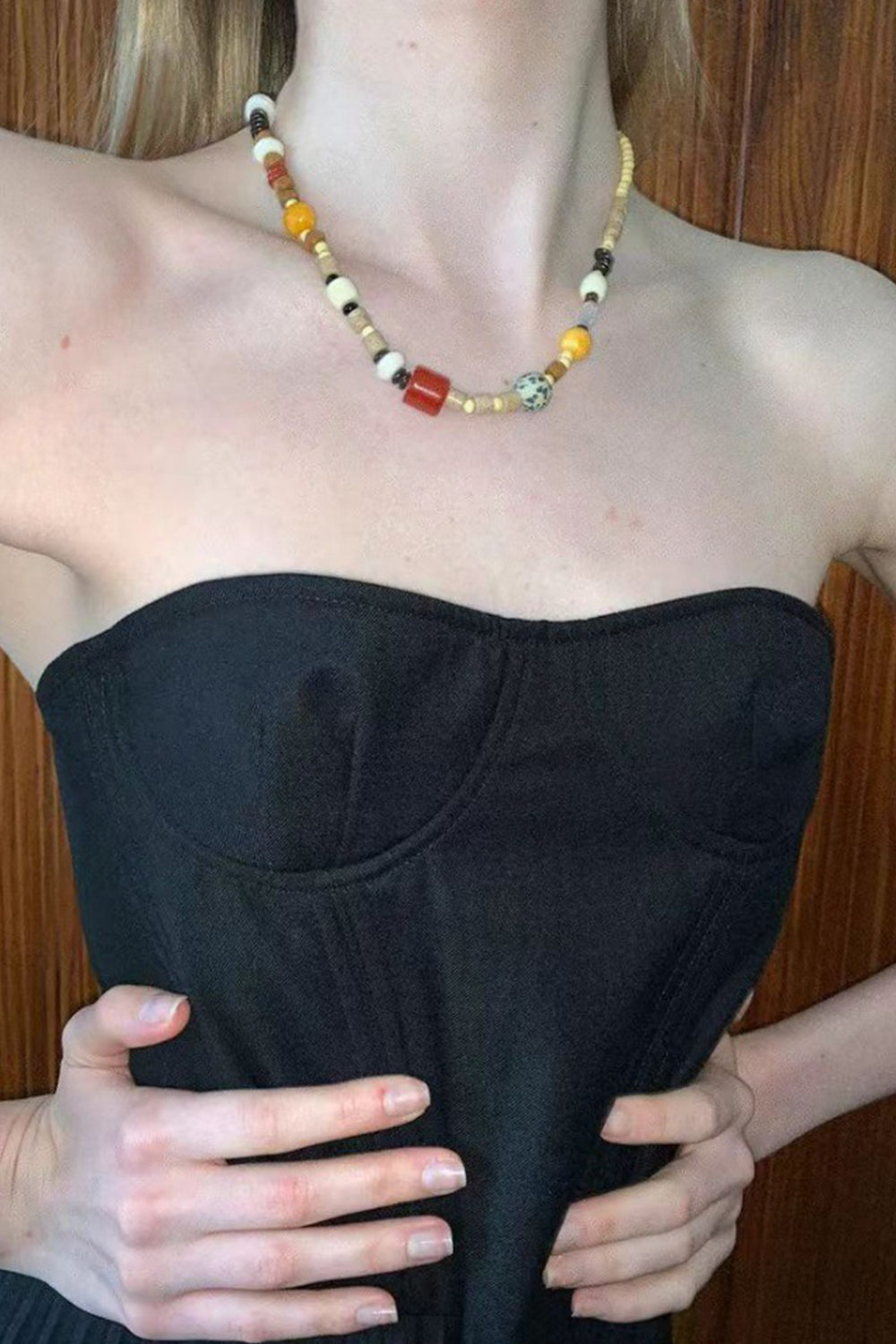 Multi-Strand Earthtone Bead Necklace Layered over Black Bustier | Seysage