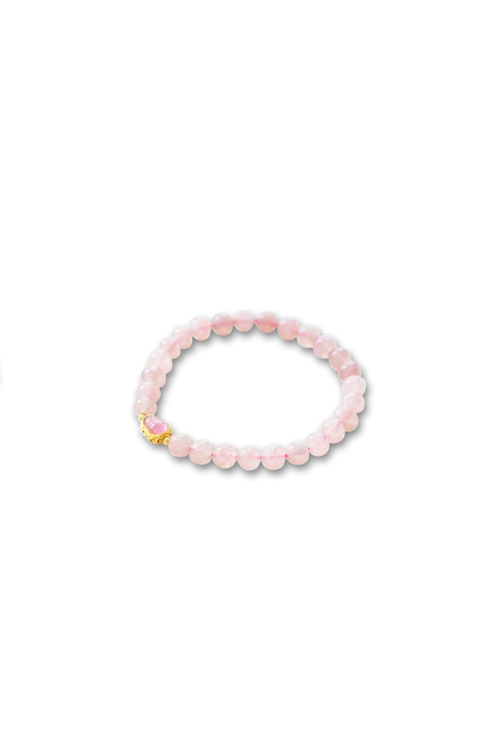 Pink Quartz Bead Bracelet with Gold Clasp & Cabochon Gem Centered on White | Seysage
