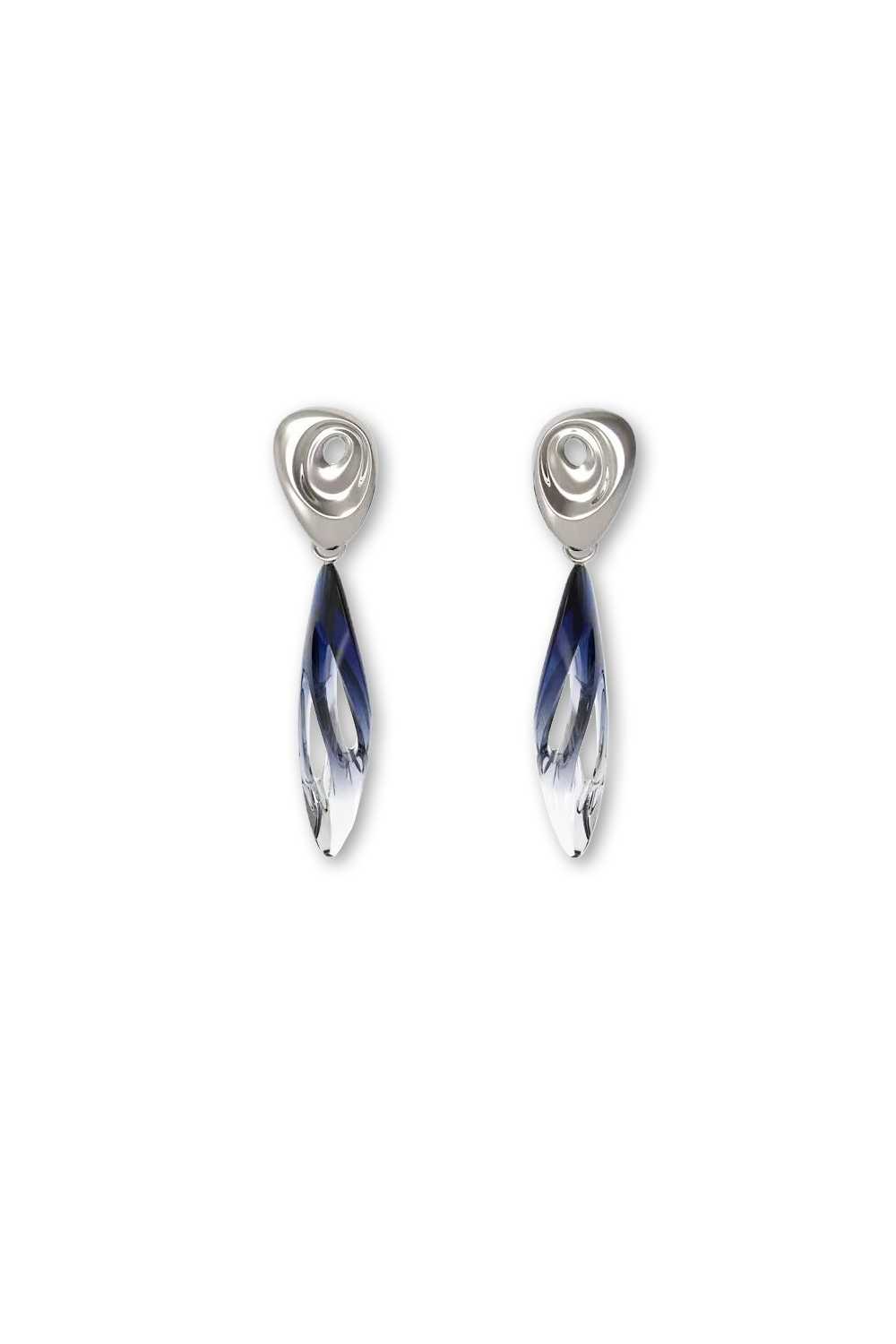 Sculpted silver spiral earrings with blue gradient resin drops - Modern art jewelry flatlay​