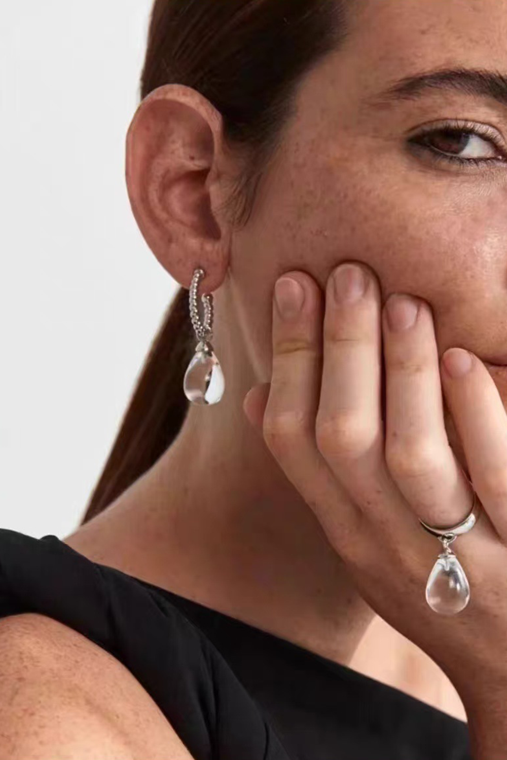 Matching dew drop earrings & ring set - Silver accents on hand