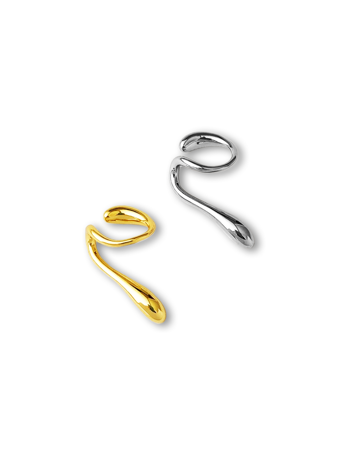 Gold vs silver fluid curve ear cuffs with teardrop charms - Minimalist contrast flatlay