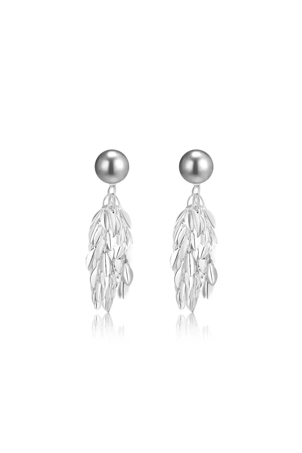 Gunmetal pearl stud with multi-layer silver tassels earrings - Minimalist white background symmetry