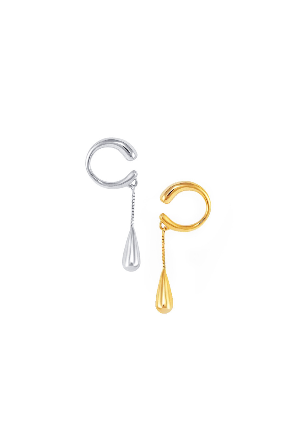 Dual-tone open arc ear cuffs: Silver & gold w/ teardrop chains - Minimalist contrast jewelry