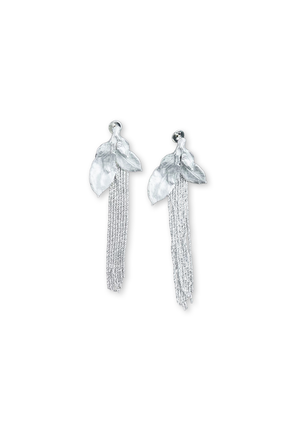 Textured silver leaf earrings with hand-welded chain tassels - Minimalist jewelry white background