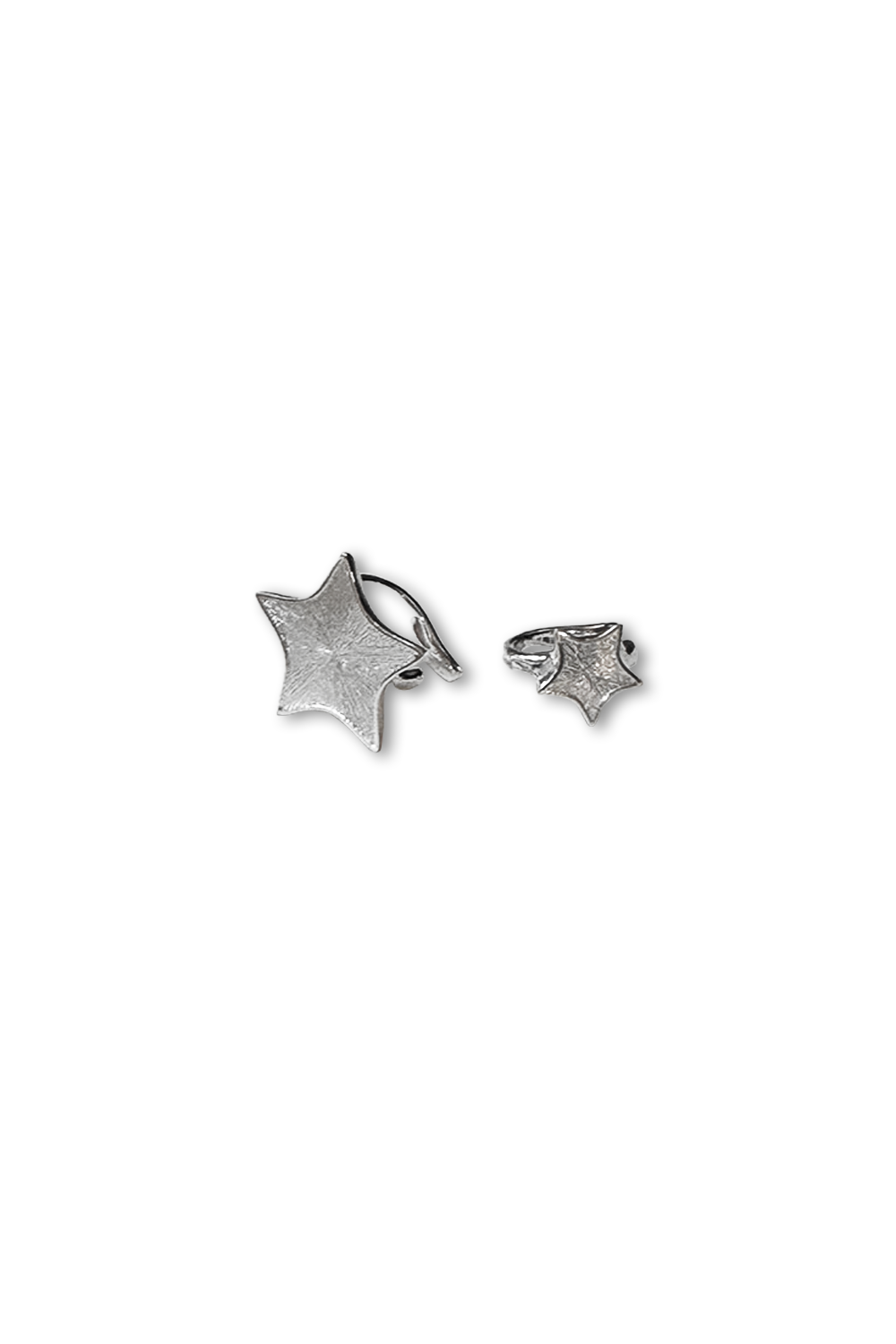 Large & small textured silver star ear cuff + ring set - Minimalist white background