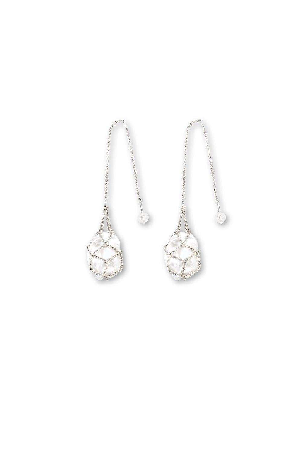 Sculptural woven silver net earrings with baroque pearls - Clean white background symmetry​