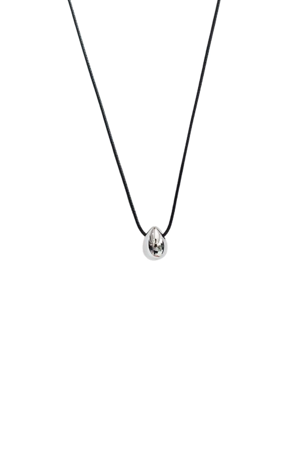 Silver Smooth Teardrop Necklace Glinting Vertically on White | Seysage