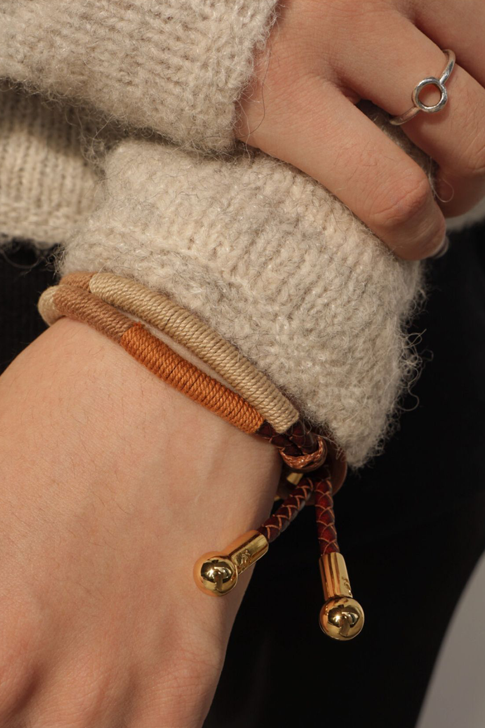 Taupe-Burgundy Braided Bracelets Stacking under Cozy Sleeves with Pony Charms | Seysage