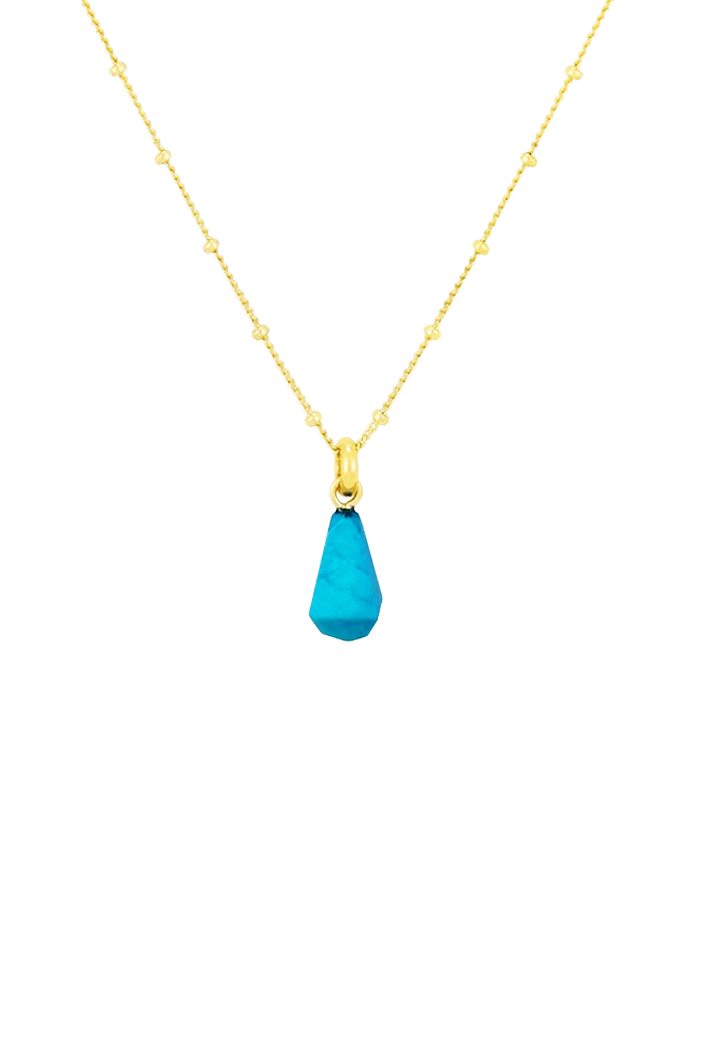Turquoise Faceted Teardrop on Gold Chain Gleaming Diagonally | Seysage