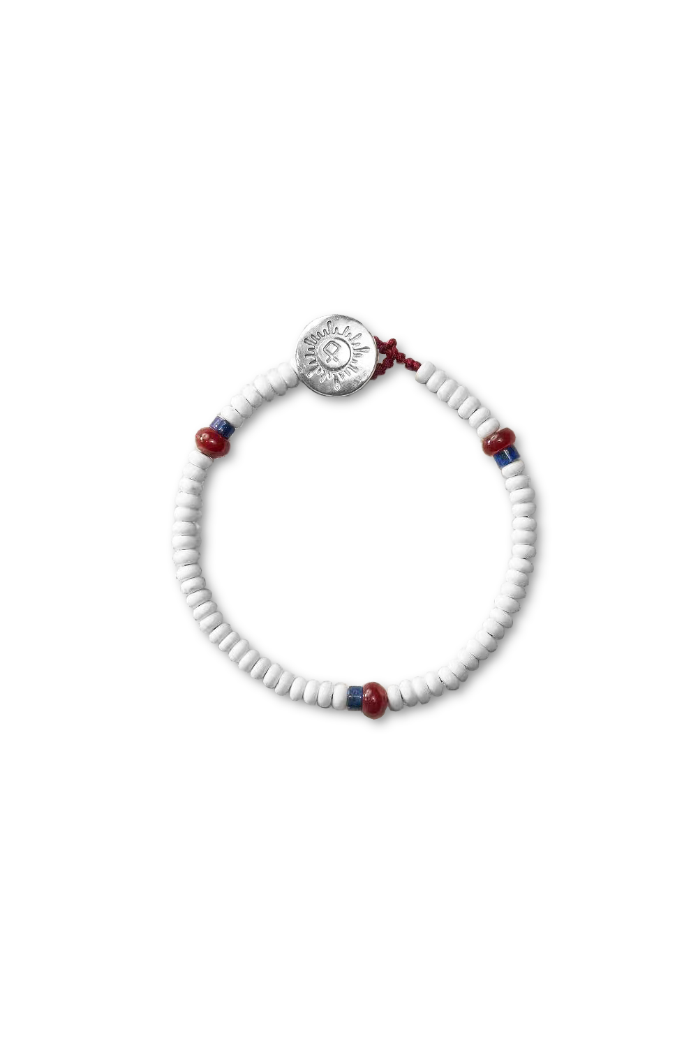 White-Red-Blue Beaded Bracelet with Engraved Sun Pendant Suspended Centered | Seysage
