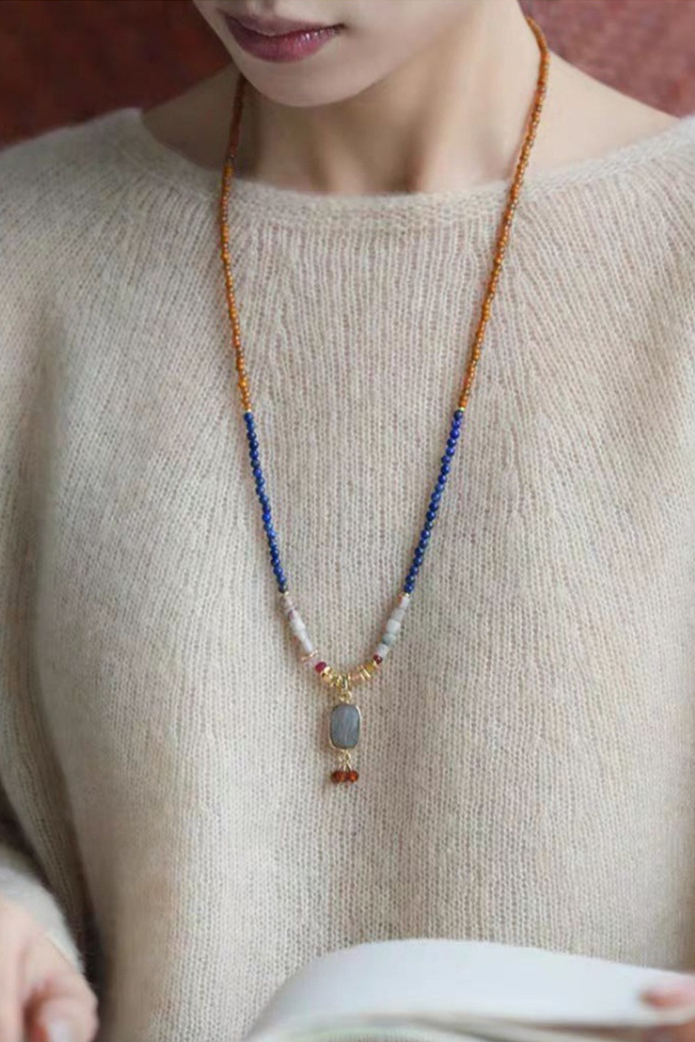 Woven Stone Tapestry Necklace Layered on Cream Knit | Seysage